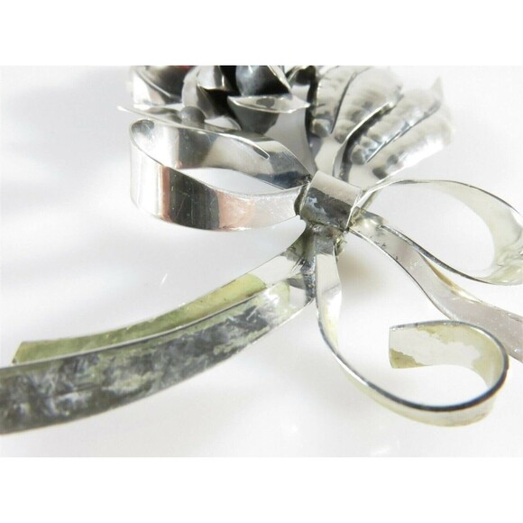 Large 4" Sterling Silver Flower Spray Brooch Ribbon Bow Handwrought Repair - Picture 11 of 13